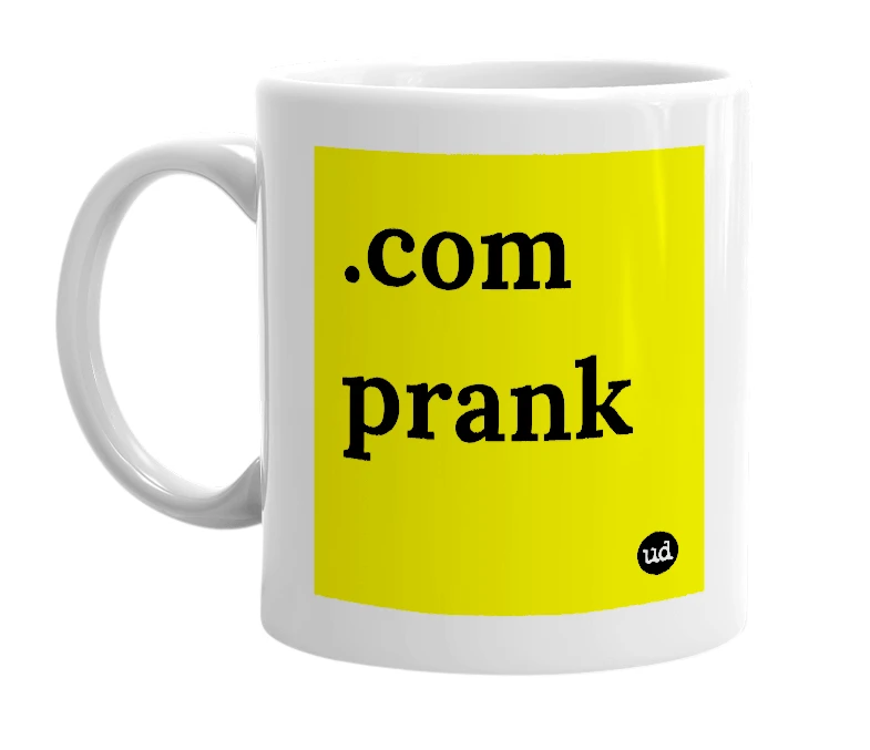 White mug with '.com prank' in bold black letters