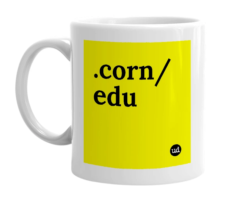 White mug with '.corn/edu' in bold black letters