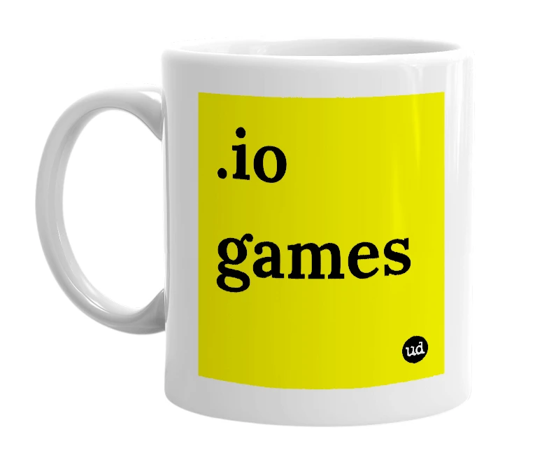 White mug with '.io games' in bold black letters