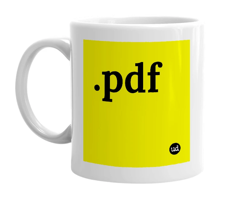 White mug with '.pdf' in bold black letters