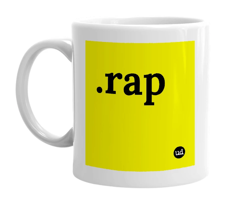 White mug with '.rap' in bold black letters