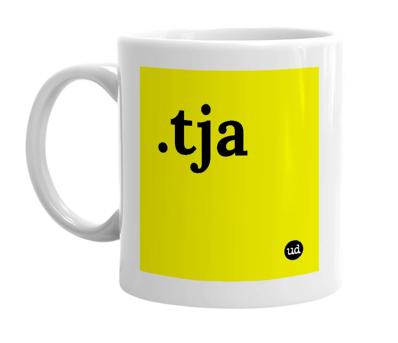 White mug with '.tja' in bold black letters