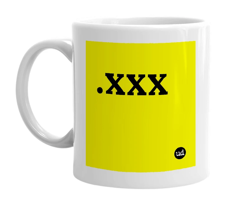 White mug with '.xxx' in bold black letters