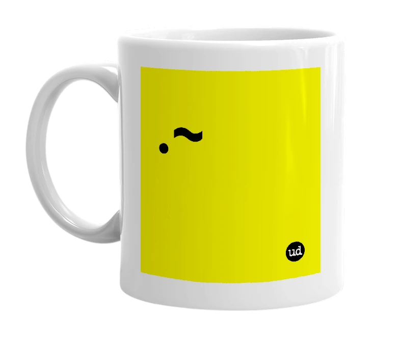 White mug with '.~' in bold black letters