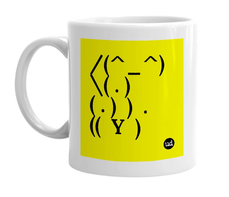 White mug with '/(^_^)\( . )( . )  )  .  ((  Y  )' in bold black letters