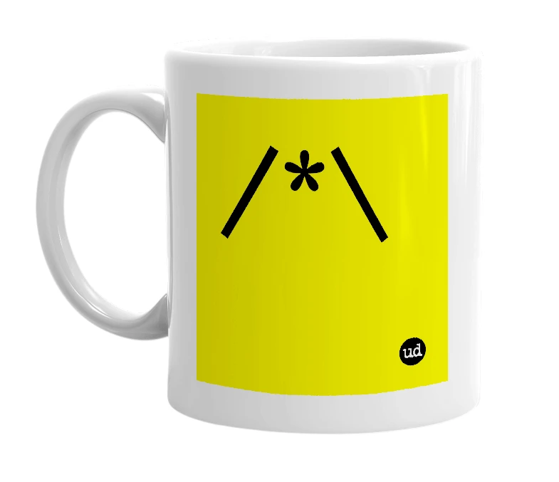 White mug with '/*\' in bold black letters