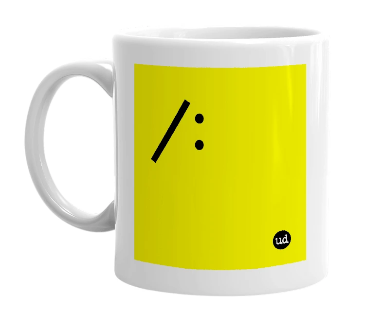 White mug with '/:' in bold black letters