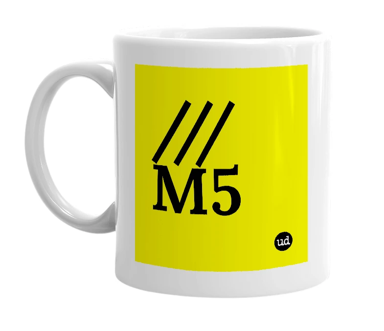 White mug with '///M5' in bold black letters