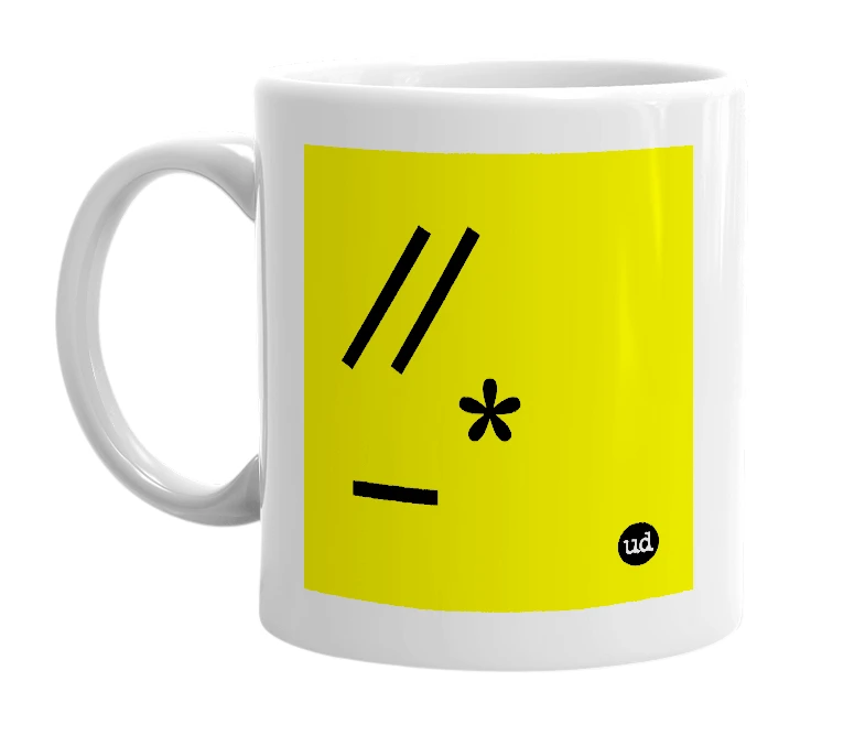 White mug with '//_*' in bold black letters
