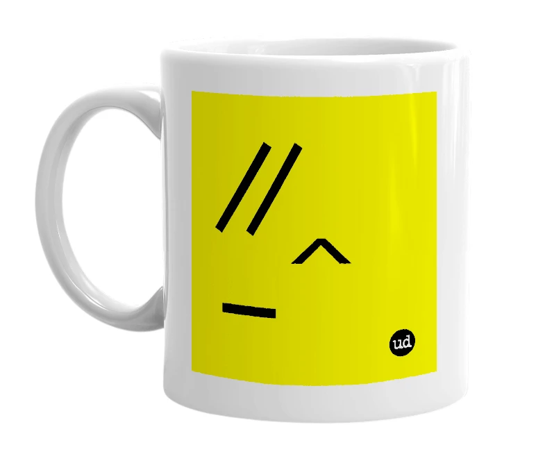 White mug with '//_^' in bold black letters