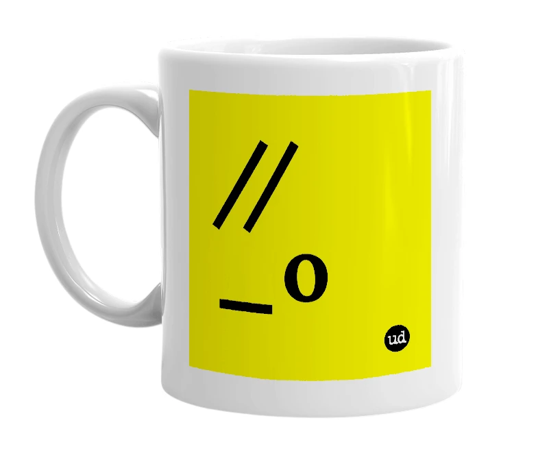 White mug with '//_o' in bold black letters