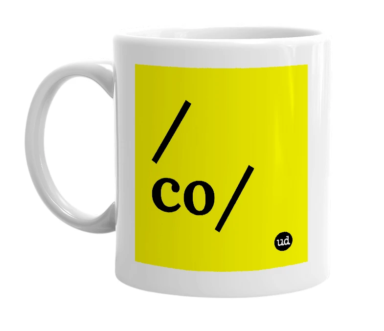White mug with '/co/' in bold black letters