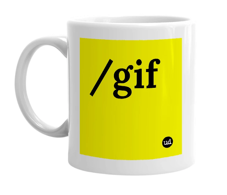 White mug with '/gif' in bold black letters