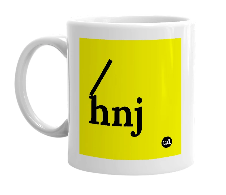 White mug with '/hnj' in bold black letters