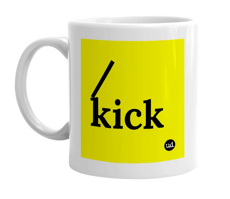 White mug with '/kick' in bold black letters