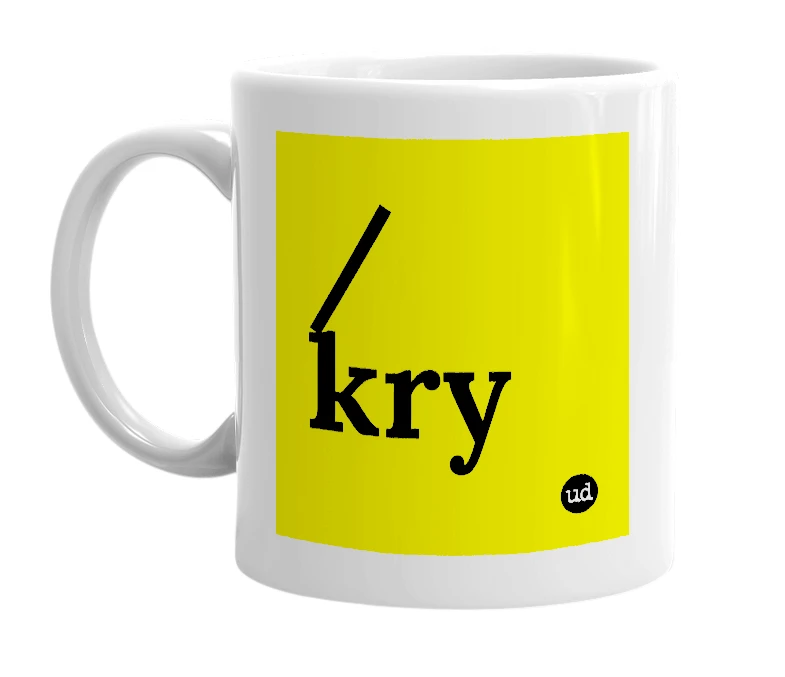 White mug with '/kry' in bold black letters