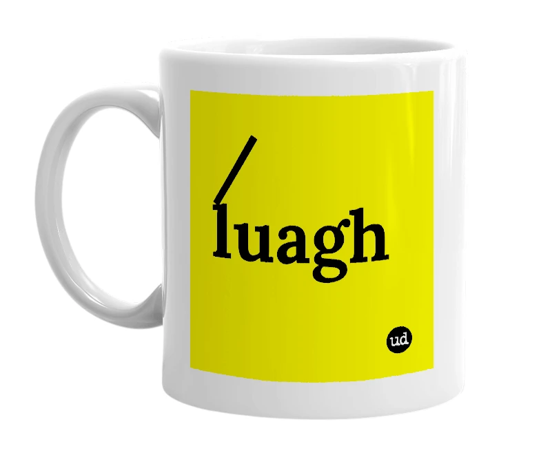 White mug with '/luagh' in bold black letters
