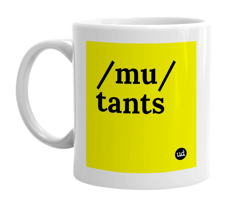 White mug with '/mu/tants' in bold black letters
