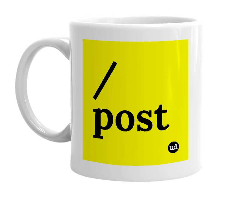 White mug with '/post' in bold black letters