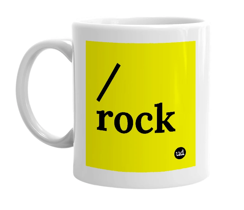 White mug with '/rock' in bold black letters