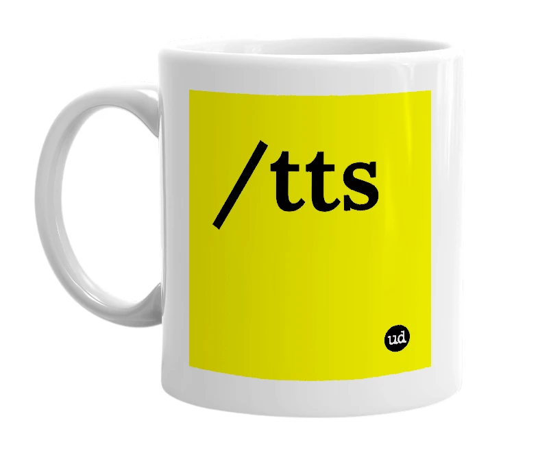 White mug with '/tts' in bold black letters