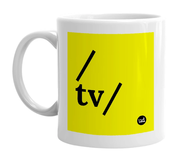 White mug with '/tv/' in bold black letters