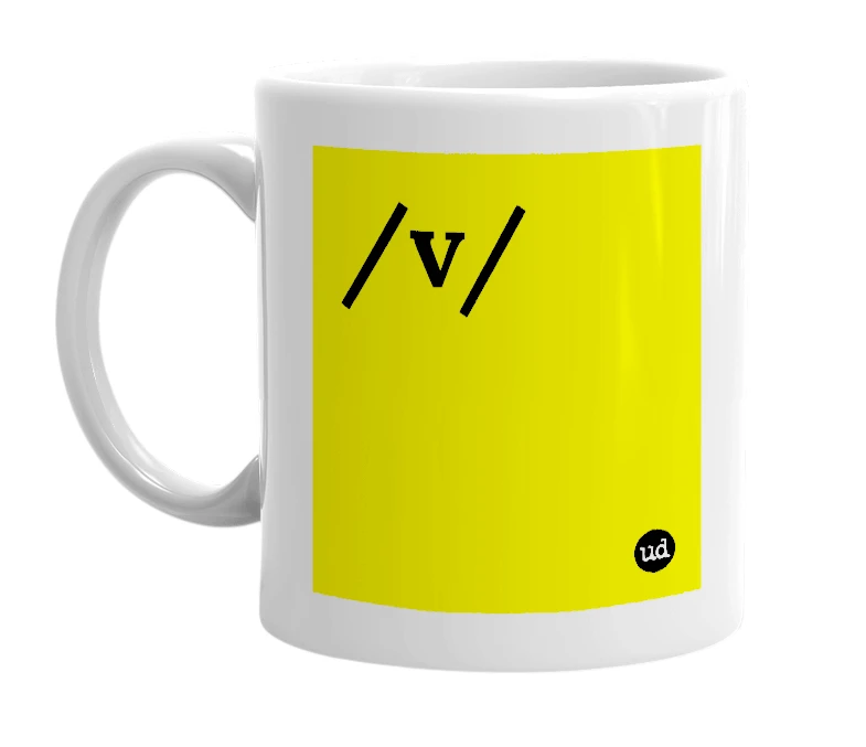 White mug with '/v/' in bold black letters