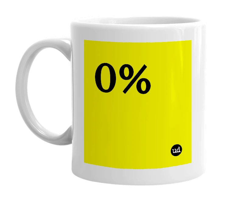 White mug with '0%' in bold black letters