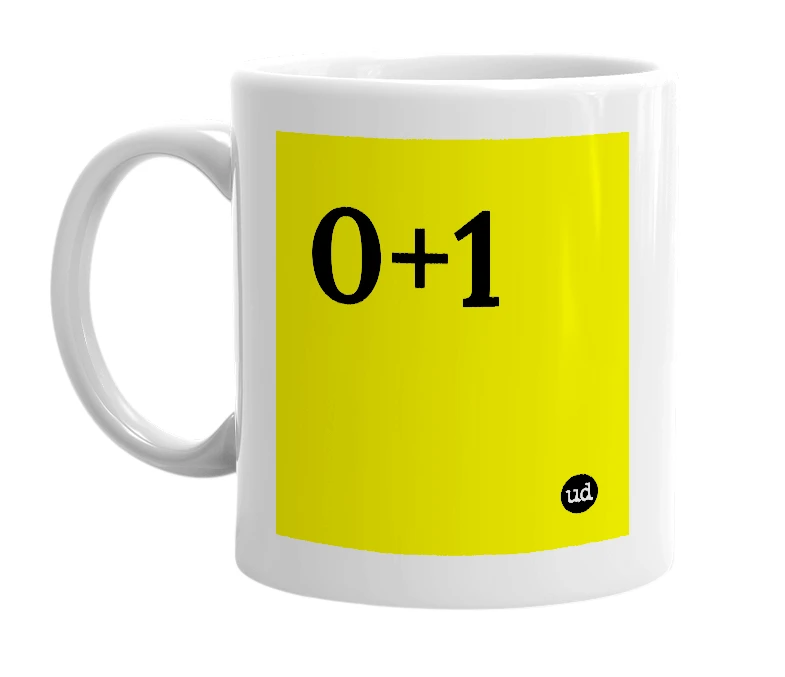 White mug with '0+1' in bold black letters