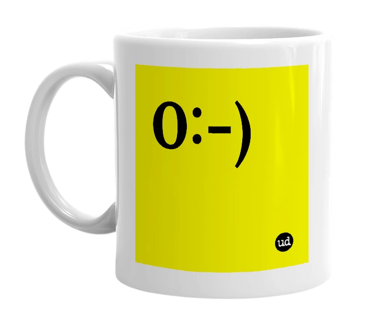 White mug with '0:-)' in bold black letters