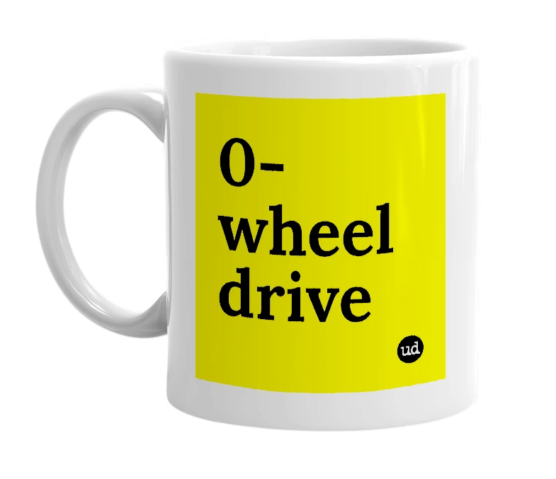 White mug with '0-wheel drive' in bold black letters