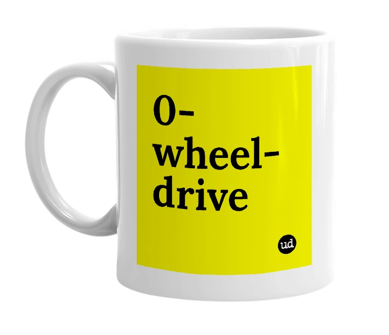 White mug with '0-wheel-drive' in bold black letters
