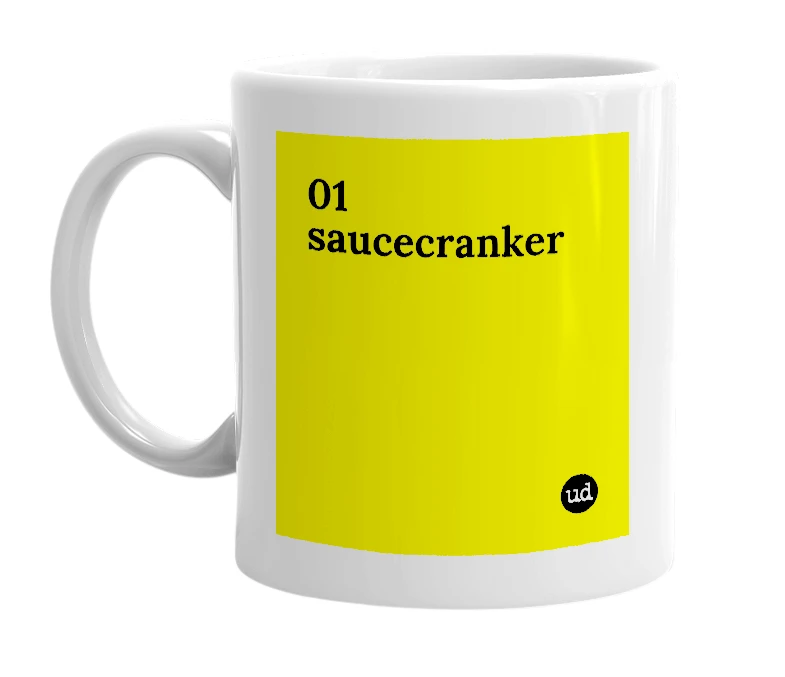 White mug with '01 saucecranker' in bold black letters