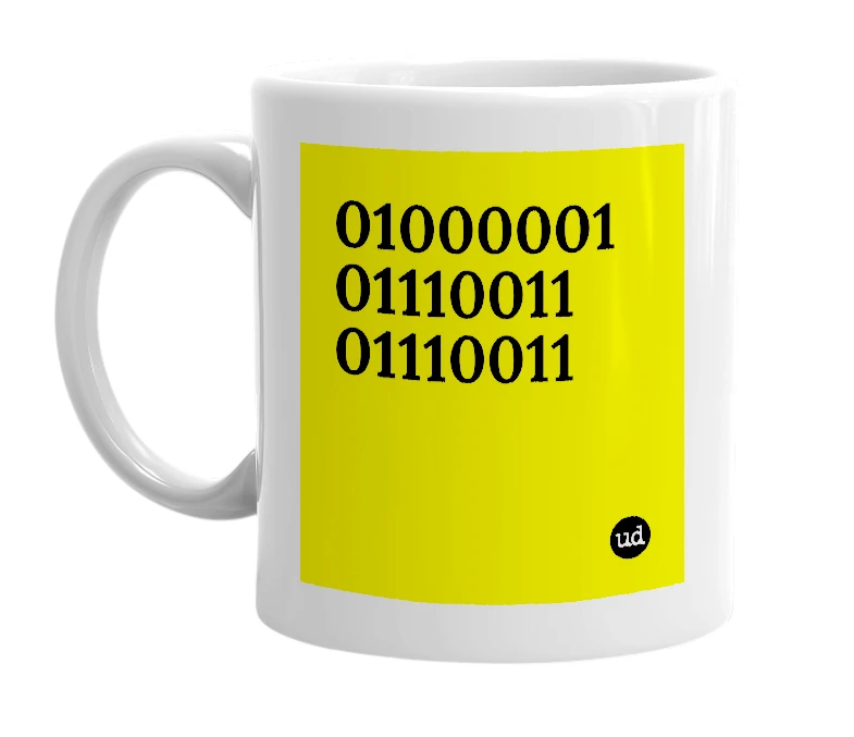 White mug with '01000001 01110011 01110011' in bold black letters
