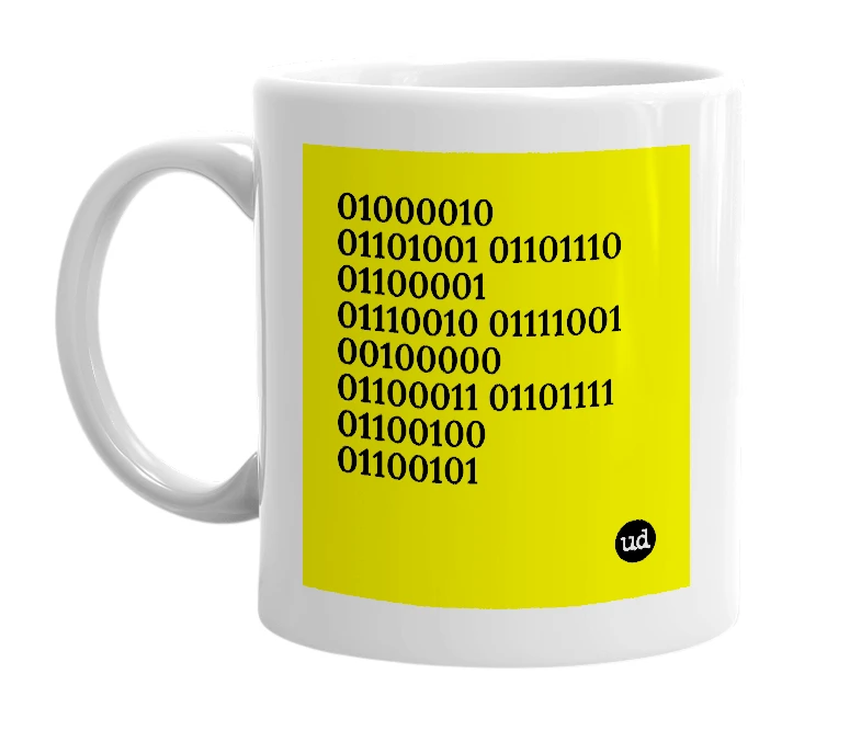 White mug with '01000010 01101001 01101110 01100001 01110010 01111001 00100000 01100011 01101111 01100100 01100101' in bold black letters