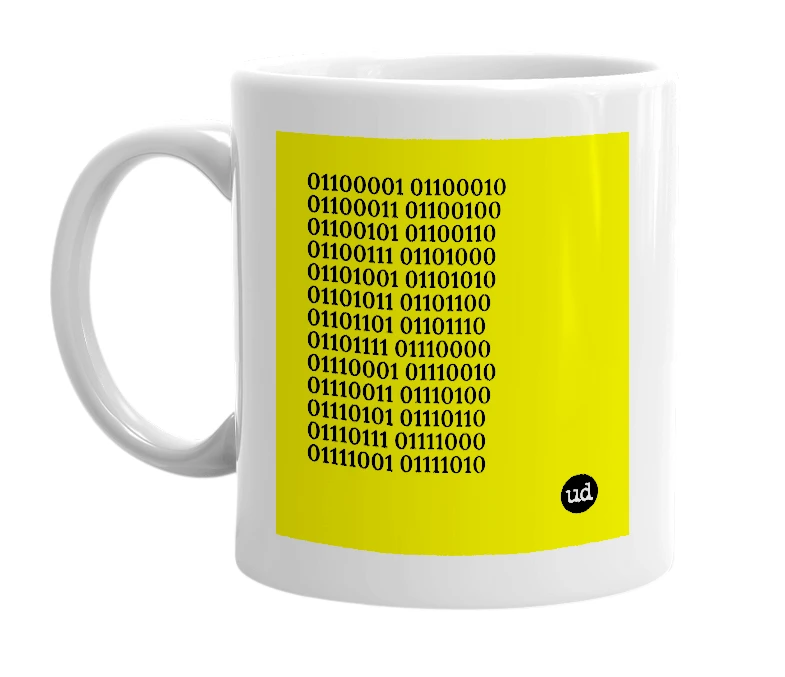 White mug with '01100001 01100010 01100011 01100100 01100101 01100110 01100111 01101000 01101001 01101010 01101011 01101100 01101101 01101110 01101111 01110000 01110001 01110010 01110011 01110100 01110101 01110110 01110111 01111000 01111001 01111010' in bold black letters