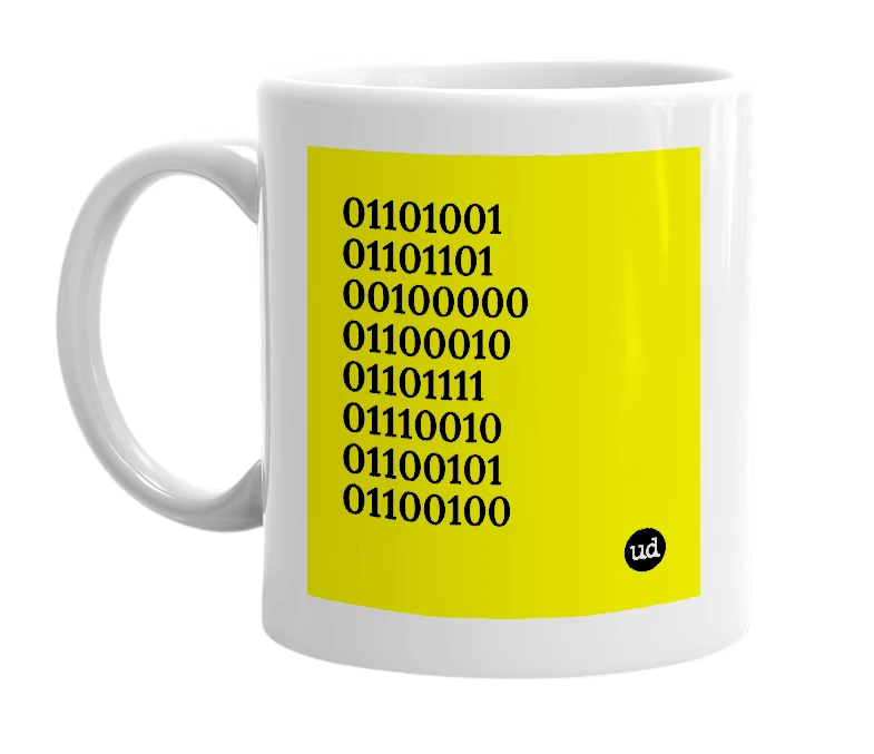 White mug with '01101001 01101101 00100000 01100010 01101111 01110010 01100101 01100100' in bold black letters