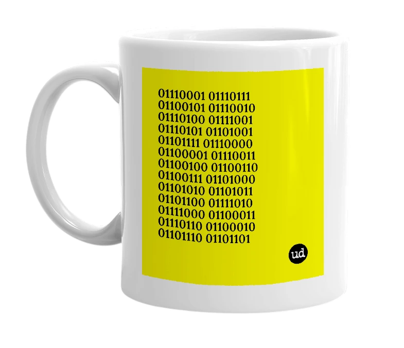 White mug with '01110001 01110111 01100101 01110010 01110100 01111001 01110101 01101001 01101111 01110000 01100001 01110011 01100100 01100110 01100111 01101000 01101010 01101011 01101100 01111010 01111000 01100011 01110110 01100010 01101110 01101101' in bold black letters
