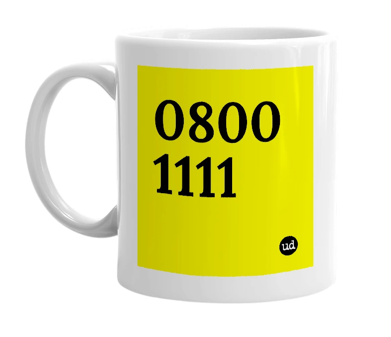 White mug with '0800 1111' in bold black letters