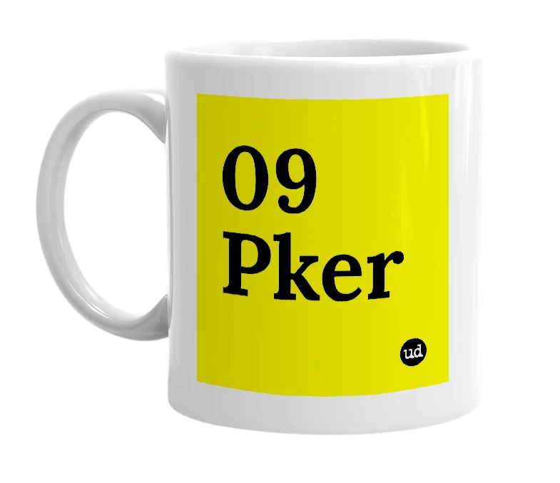 White mug with '09 Pker' in bold black letters