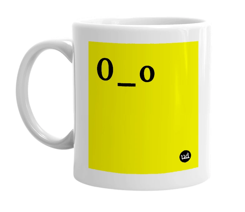 White mug with '0_o' in bold black letters