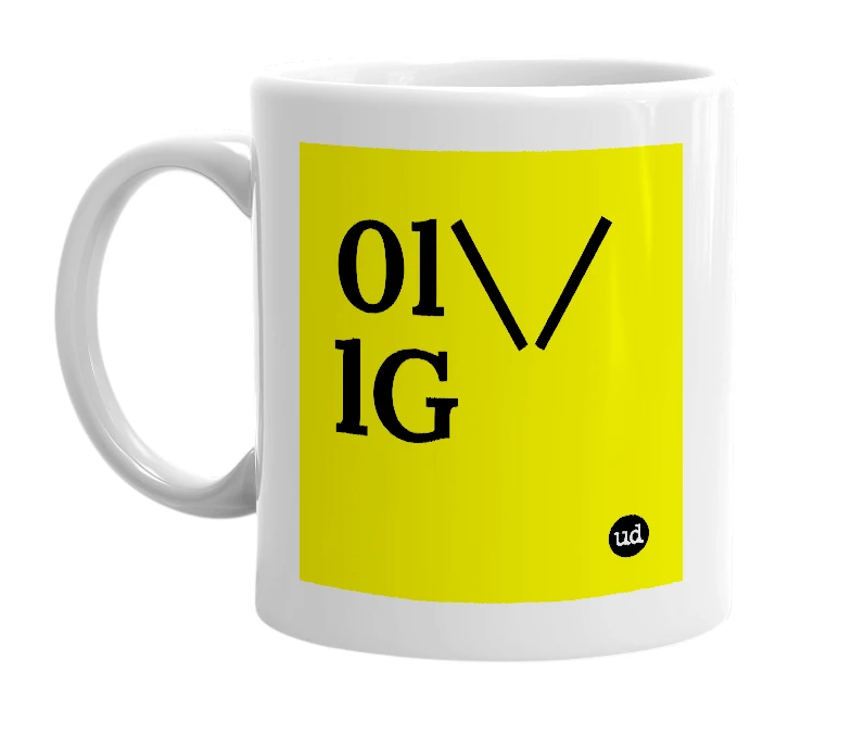 White mug with '0l\/lG' in bold black letters
