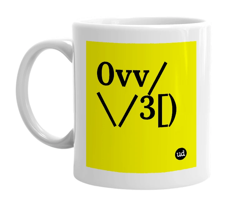 White mug with '0vv/\/3[)' in bold black letters