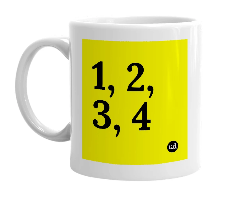 White mug with '1, 2, 3, 4' in bold black letters