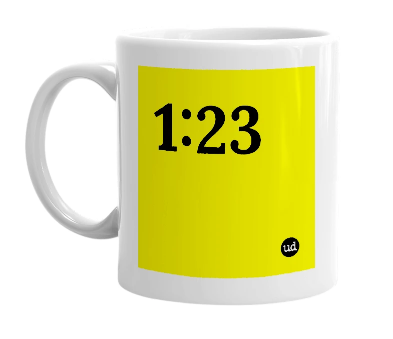 White mug with '1:23' in bold black letters