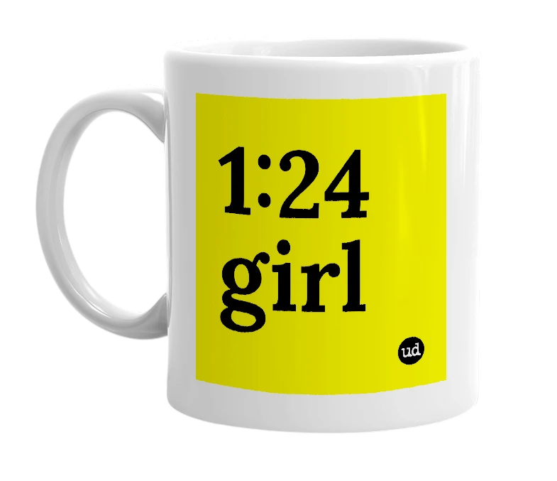 White mug with '1:24 girl' in bold black letters