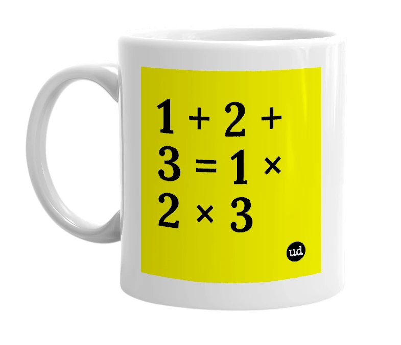 White mug with '1 + 2 + 3 = 1 × 2 × 3' in bold black letters