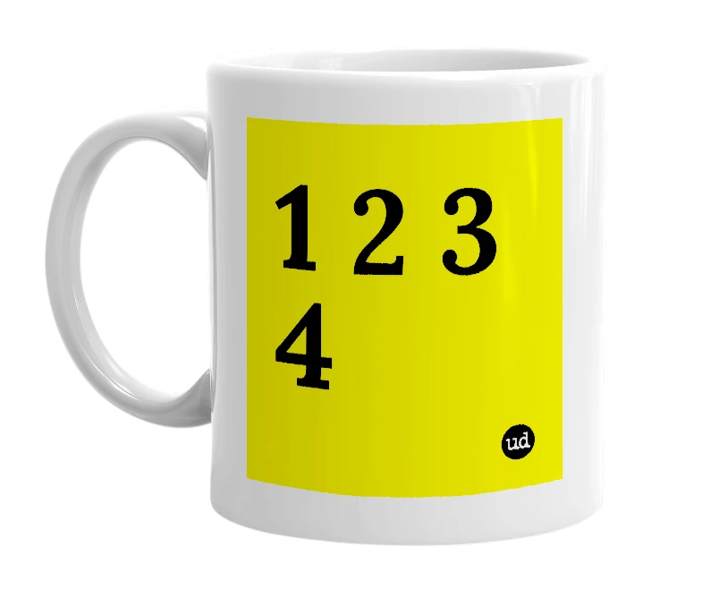 White mug with '1 2 3 4' in bold black letters