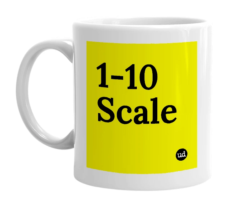 White mug with '1-10 Scale' in bold black letters