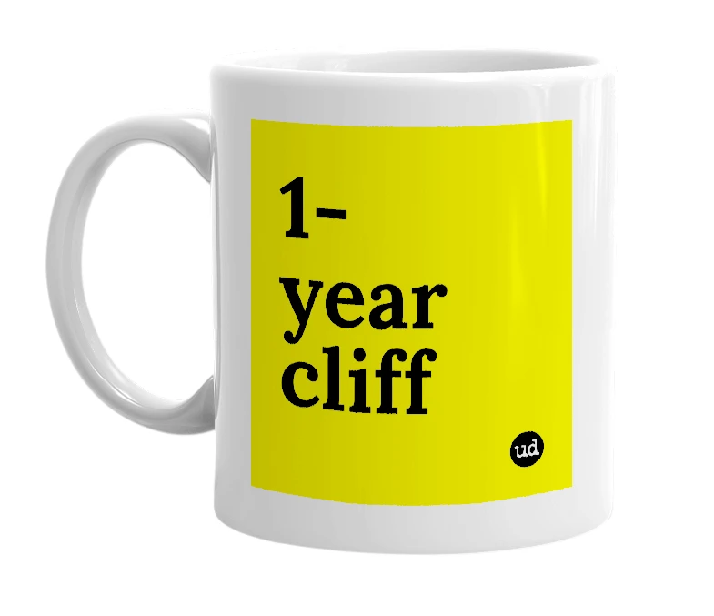 White mug with '1-year cliff' in bold black letters